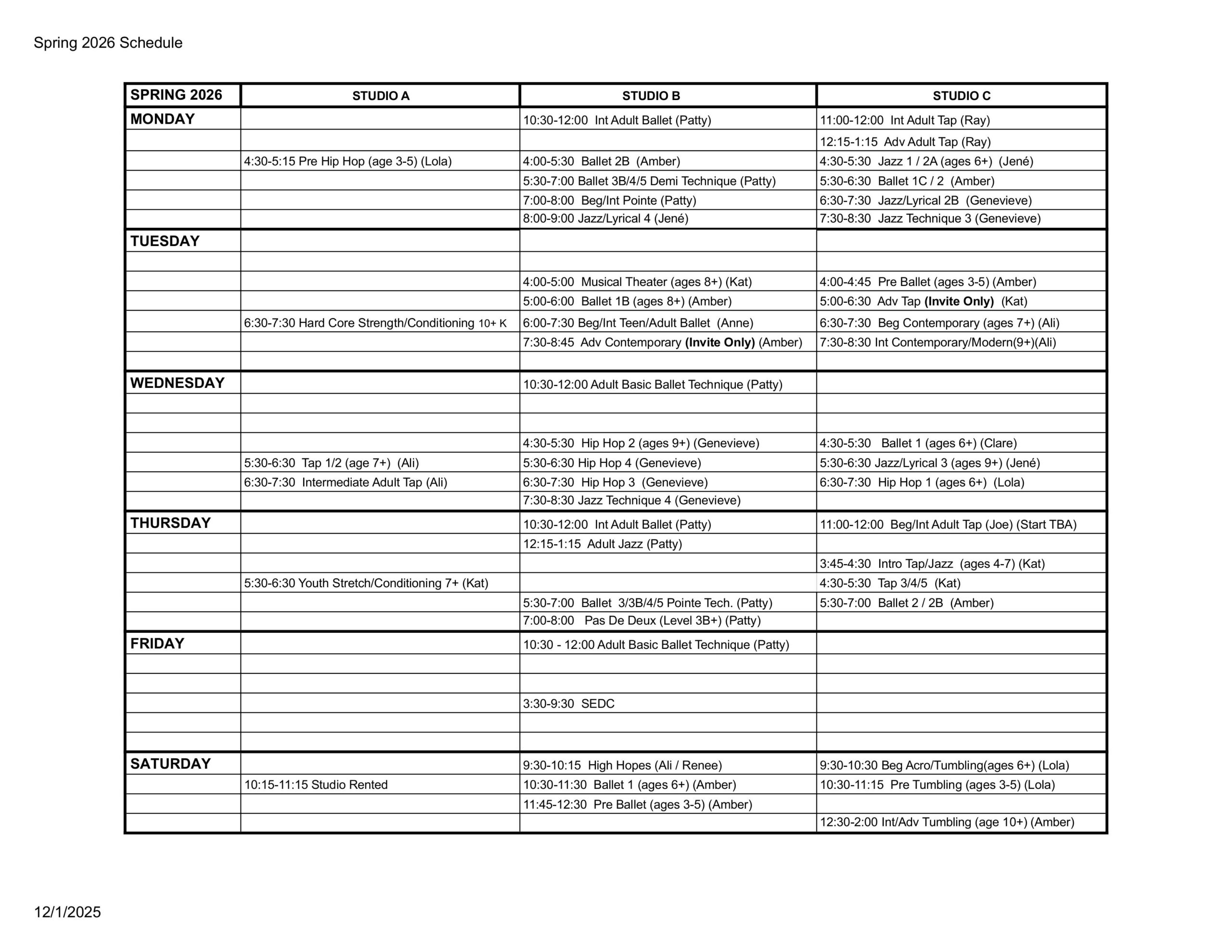 Spring 2026 Schedule - Sheet1
